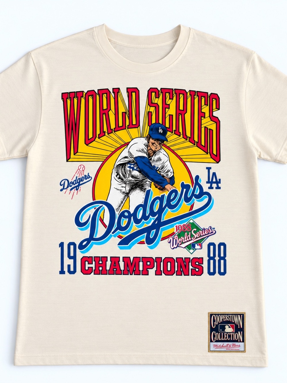 Mitchell & Ness Dodgers World Series Graphic Tee - Cream, Blue, Red, Yellow